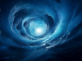 Aufkleber - A mesmerizing swirling vortex of deep blue water, illuminated by a bright light at its center, creates an ethereal underwater tunnel.  The flowing, translucent texture suggests movement and depth.