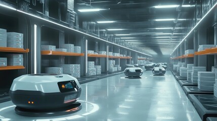 Poster - Futuristic warehouse with autonomous robots carefully sorting packages, optimizing storage and delivery processes.