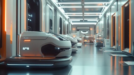 Poster - Futuristic warehouse with autonomous robots carefully sorting packages, optimizing storage and delivery processes.
