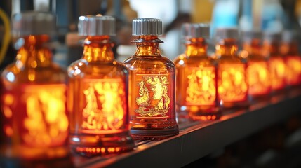 Aufkleber - Glass bottles on a production line in a pharmaceutical factory, showcasing the high-tech manufacturing process of medicine packaging.