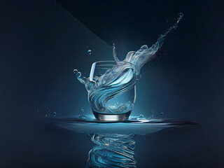 Fototapete - A glass of water with a dynamic splash frozen in time, illuminated with a cool blue light against a dark background. The water's reflection creates an artistic ripple effect.