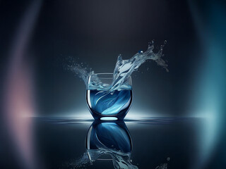 Aufkleber - A glass of water, dramatically splashed, sits on a reflective surface.  The blue liquid and dynamic movement create a sense of energy and purity.  Dark background emphasizes the water's vibrancy.
