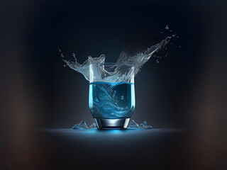 Poster - A glass of vibrant blue liquid, dramatically splashed, sits on a dark surface.  The splash is frozen in mid-air, creating a sense of motion and energy.  Crystalline shards surround the base of the gla