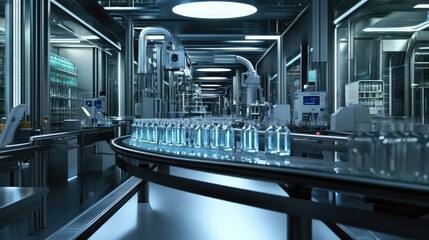 Poster - High-tech pharmaceutical manufacturing facility with an automated conveyor line transporting glass bottles, emphasizing precision and speed in production.