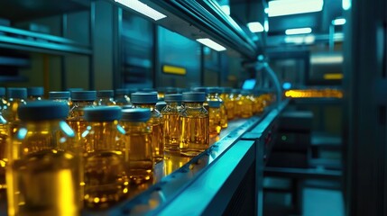 Poster - High-tech pharmaceutical manufacturing facility with an automated conveyor line transporting glass bottles, emphasizing precision and speed in production.