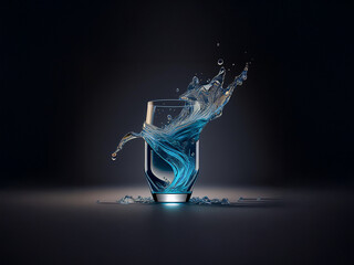 Fototapete - A glass of vibrant blue liquid splashes dramatically against a dark background, creating a dynamic and visually arresting scene.  The liquid's movement is frozen in time, showcasing its texture and en
