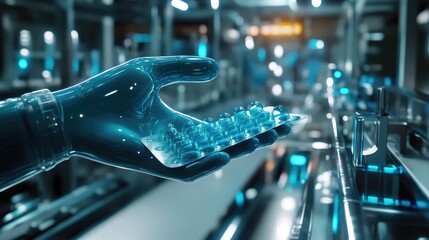 Fototapete - Industrial concept of a hand holding a pack of blue capsules as part of a pharmaceutical production line, highlighting the automation in healthcare.