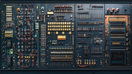 Poster - Industrial electricity control board with extensive wiring and switches, designed for managing energy flow in automated factories.