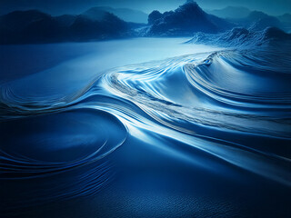 Aufkleber - Serene, abstract landscape of swirling, icy blue waves flowing across a frozen lake, nestled amongst dark mountains under a twilight sky.  The scene evokes a sense of calm and mystery.