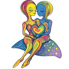 Colorful illustration of two aliens embracing, symbolizing love and connection.