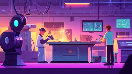 Poster - Intelligent factory scene with engineer manager controlling robotic arms, monitoring welding operations through real-time software.
