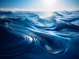 Poster - Sunlit ocean waves, deep blue hues, swirling patterns, and a tranquil, almost surreal, seascape.  The water's surface reflects light, creating mesmerizing concentric circles.