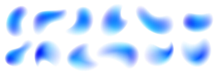 Fototapete - Rainbow blue drops of water, liquid or holograms of irregular free organic shapes. Transparent blue sparkling water splash element with blue gradient.