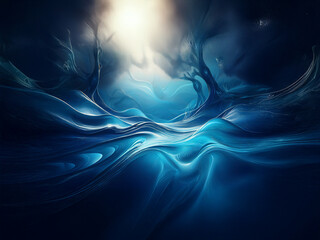 Aufkleber - Ethereal, dreamlike landscape.  Dark blue, swirling forms resemble water or clouds illuminated by a distant, bright light source.  Abstract, mysterious, and serene.