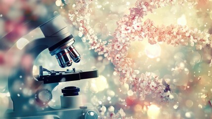 Poster - Lab setting with a microscope and a visible DNA strand, representing genetic research and advancements in biotechnology and medical science.