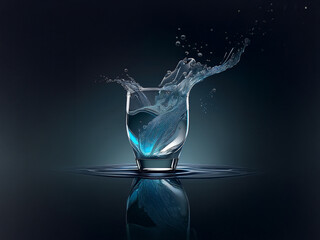 Poster - A glass of water with a splash, reflecting on a dark surface.  The water is a vibrant blue, creating a dynamic and cool image.