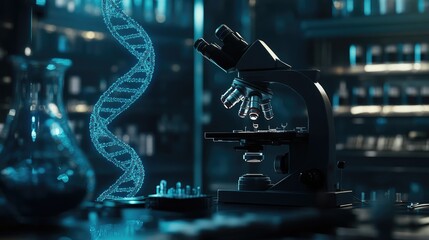 Poster - Laboratory with a microscope and a visible DNA strand, symbolizing scientific research in genetics, biotechnology, and medical advancements.