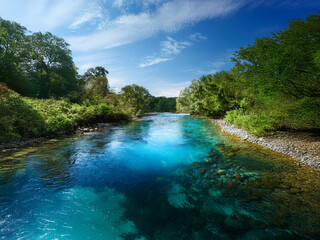 Poster - A pristine river flows through a lush, green landscape under a vibrant blue sky.  The crystal-clear water reveals a rocky riverbed.  Sunlight illuminates the tranquil scene.