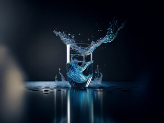 Leinwandbilder - A glass of water, dramatically splashed, sits on a reflective surface.  The dark background accentuates the blue hues of the water and the dynamic movement.  Light highlights the droplets.