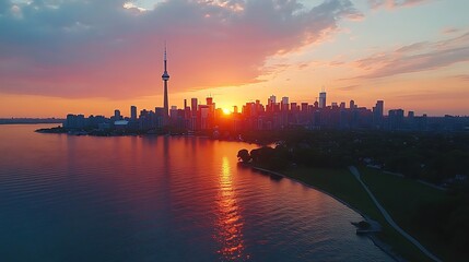 Canvas Print - Vibrant sunset over city skyline reflected in calm water.