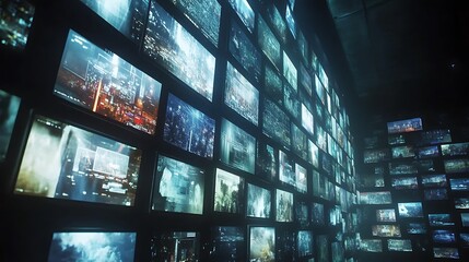 Canvas Print - Wall of screens displaying diverse video content.