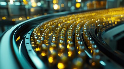 Poster - Medical ampoules on a conveyor belt in a modern pharmaceutical manufacturing plant, showcasing automation in the drug production process.