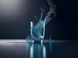 Fototapete - Dynamic splash of turquoise water erupting from a clear glass, creating a dramatic, glistening scene against a dark background.  
