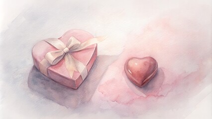 Wall Mural - Watercolor heart-shaped gift box and chocolate with ribbon