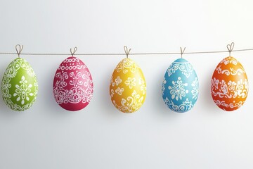 Wall Mural - Colorful Easter eggs hang from a string, perfect for decorating or gift giving