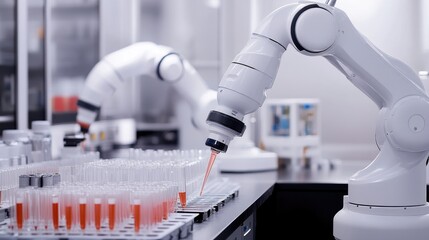 Poster - Modern laboratory with automated systems and robotic arms handling test tubes and equipment for research efficiency.
