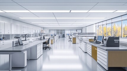 Poster - Modern laboratory workplace interior with a focus on equipment, with a blurred background adding emphasis to the work environment.