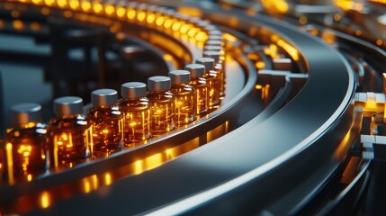 Poster - Pharmaceutical conveyor belt in a factory with automated processes for mass production of prescription vials.