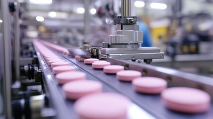 Poster - Pharmaceutical pills on a conveyor belt in a high-tech factory, representing automation in the pharmaceutical production process.