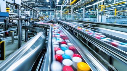 Poster - Pills moving along an automated conveyor in a pharmaceutical factory, highlighting the speed and precision of modern production.