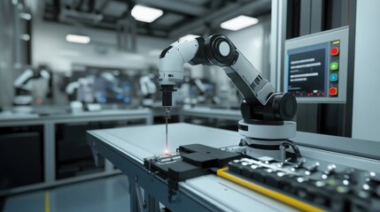 Poster - Real-time management of robotic arms in a factory, with engineer overseeing digital manufacturing and welding automation.