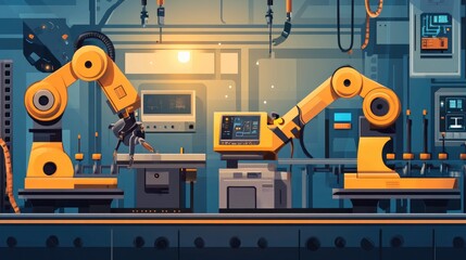 Poster - Real-time management of robotic arms in a factory, with engineer overseeing digital manufacturing and welding automation.