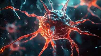 Poster - Scientific 3D rendering of a human cell or stem cell under a microscope, emphasizing research and innovation in the field of biotechnology.