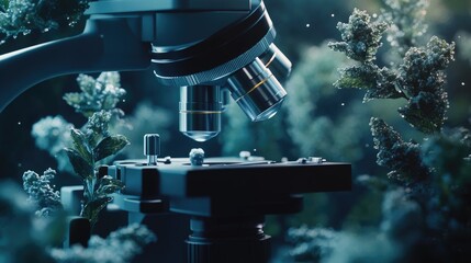 Poster - Scientific 3D rendering of a human cell or stem cell under a microscope, emphasizing research and innovation in the field of biotechnology.