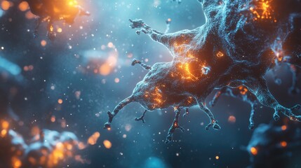 Poster - Scientific 3D rendering of a human cell or stem cell under a microscope, emphasizing research and innovation in the field of biotechnology.
