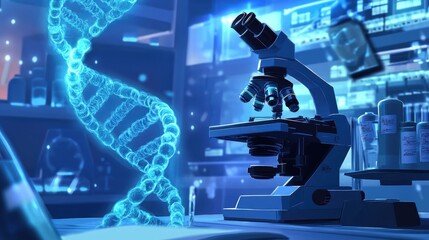 Poster - Scientific laboratory with a microscope and DNA strand, illustrating the forefront of genetic and medical research in a lab environment.