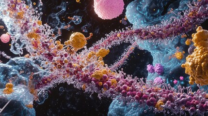 Poster - Scientific representation of DNA replication and transcription, showing molecular interactions between nucleotides, enzymes, and proteins.
