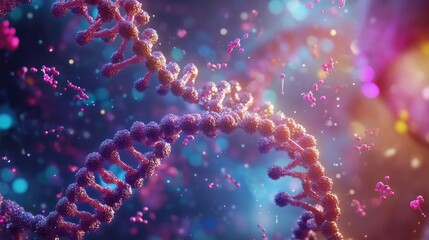 Poster - Scientific representation of DNA replication and transcription, showing molecular interactions between nucleotides, enzymes, and proteins.