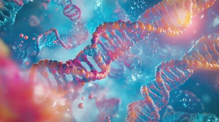 Poster - Scientific representation of DNA replication and transcription, showing molecular interactions between nucleotides, enzymes, and proteins.