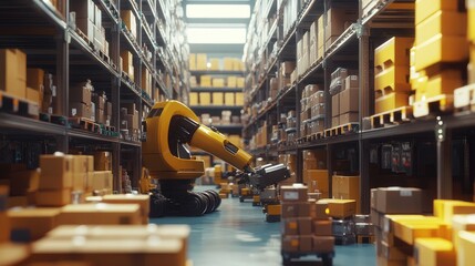 Aufkleber - Smart robots sorting and organizing packages in an automated warehouse, demonstrating efficient logistics technology.