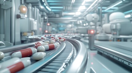 Poster - State-of-the-art pharmaceutical factory with pills moving on a high-tech conveyor belt, showcasing modern production and automation in healthcare manufacturing.