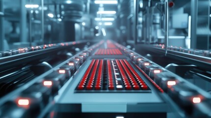 Poster - State-of-the-art pharmaceutical factory with pills moving on a high-tech conveyor belt, showcasing modern production and automation in healthcare manufacturing.