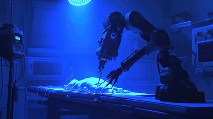 Poster - Surgical robot operating on a patient at a surgical table, illuminated by bright blue light, showcasing the precision of modern robotic surgery.