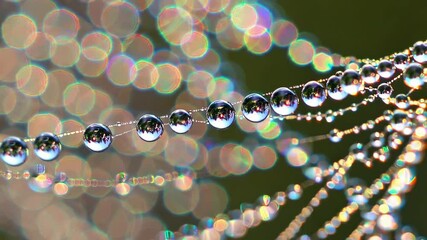 A close-up of a spiderweb adorned with morning dew droplets, sparkling in sunlight against a blurred green background