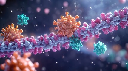 Poster - Visual depiction of DNA replication and transcription, focusing on the molecular interaction between nucleotides and proteins during genetic processes.