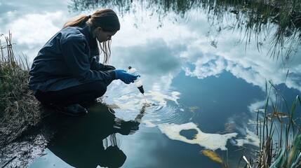 Poster - Woman scientist taking a water sample from a polluted pond, highlighting environmental issues related to water pollution and scientific research.